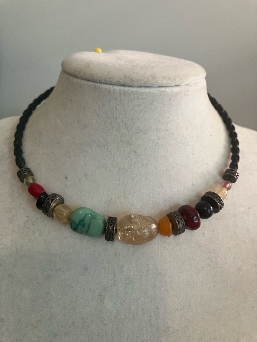 Multicolor Beaded Brown Braided Cord Necklace